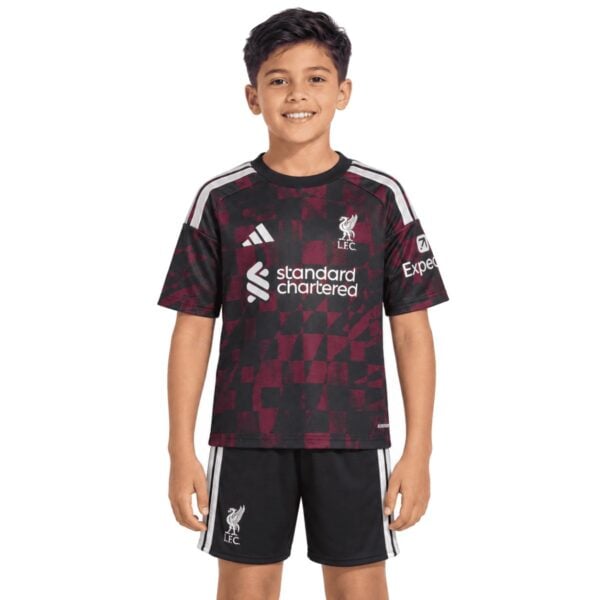 Liverpool Third Kids Kit 202627 black and red jersey with black shorts front view - UAE SPORT STORE Liverpool Third Kids Kit 2026/27 black and red jersey with black shorts front view