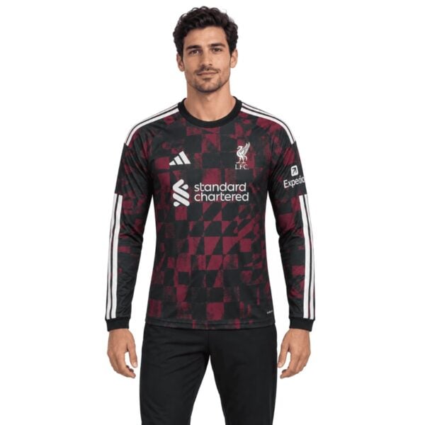 Liverpool Third Long Sleeve Jersey 202627 black and red front view with Standard Chartered sponsor - UAE SPORT STORE Liverpool Third Long Sleeve Jersey 2026/27 black and red front view with Standard Chartered sponsor
