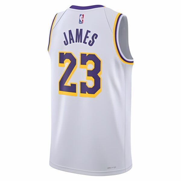 Los Angeles Lakers basketball jersey with number 23 and name James on back.