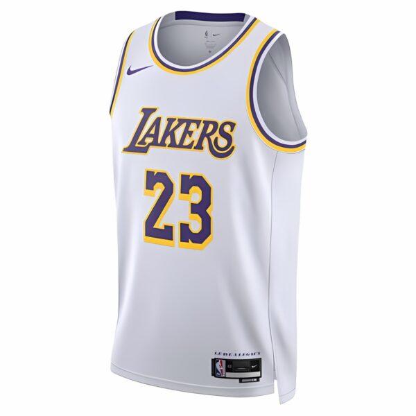 los-angeles-lakers-association-edition-2022-23-main-38829 - UAE SPORT STORE Los Angeles Lakers NBA jersey with number 23 in white, purple, and gold colors.