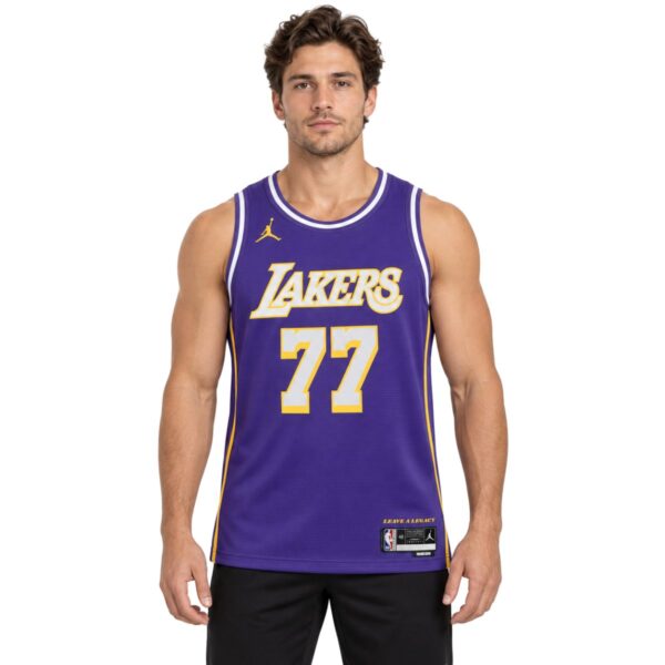 Los Angeles Lakers Luka Dončić 77 Statement Edition Jersey purple front view - UAE SPORT STORE Los Angeles Lakers Luka Dončić #77 Statement Edition Jersey purple front view