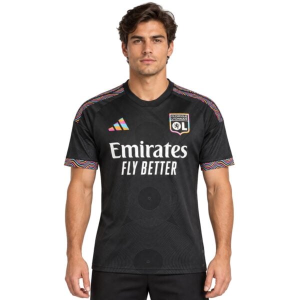 Lyon Third Jersey 202627 front black shirt with multicolour wave shoulders - UAE SPORT STORE Lyon Third Jersey 2026/27 front – black shirt with multicolour wave shoulders