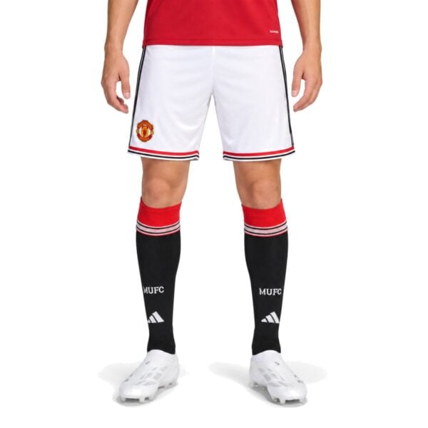 Man United Home Short 202627 front view white with Manchester United crest - UAE SPORT STORE Man United Home Short 2026/27 front view – white with Manchester United crest