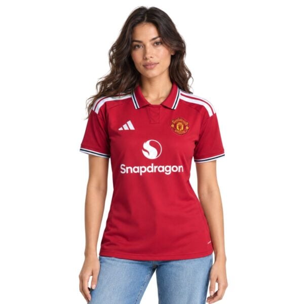 Man United Home Women Jersey 202627 front view red with striped polo collar - UAE SPORT STORE Man United Home Women Jersey 2026/27 front view – red with striped polo collar