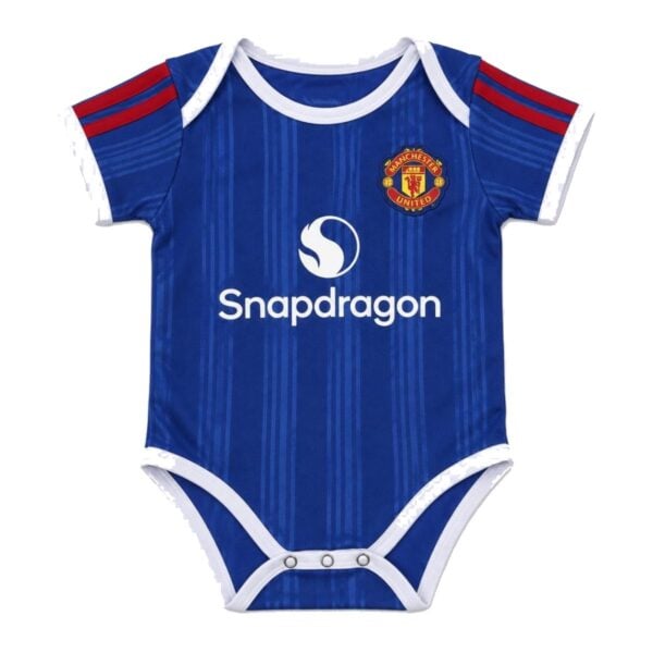 Manchester United Away Baby 202627 blue bodysuit front view with crest - UAE SPORT STORE Manchester United Away Baby 2026/27 blue bodysuit front view with crest