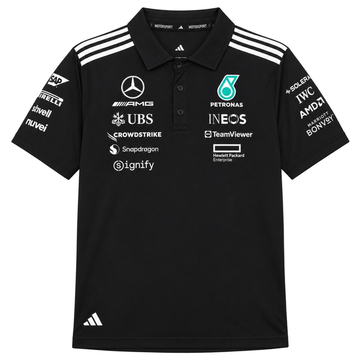 Mercedes AMG Petronas Formula One Team polo shirt in black with sponsor logos.