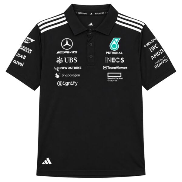 mercedes-amg-petronas-f1-team-polo-front - UAE SPORT STORE Mercedes AMG Petronas Formula One Team polo shirt in black with sponsor logos.