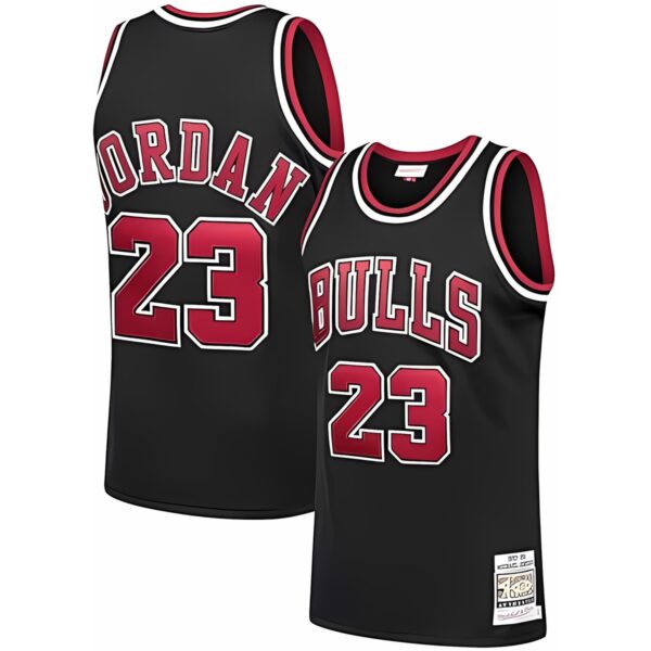 Chicago Bulls black basketball jersey with red and white accents, number 23.