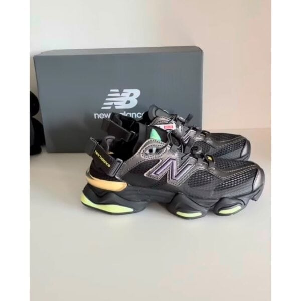 New Balance 9060 Summer Black Lime Green sneakers with box showing gold heel clip - UAE SPORT STORE New Balance 9060 Summer Black Lime Green sneakers with box showing gold heel clip
