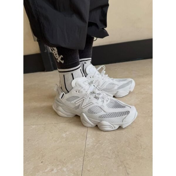 New Balance 9060 Summer White Silver sneakers worn on feet