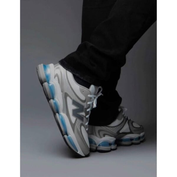 New Balance Abzorb 2000 White Grey Blue sneakers worn showing full Abzorb midsole