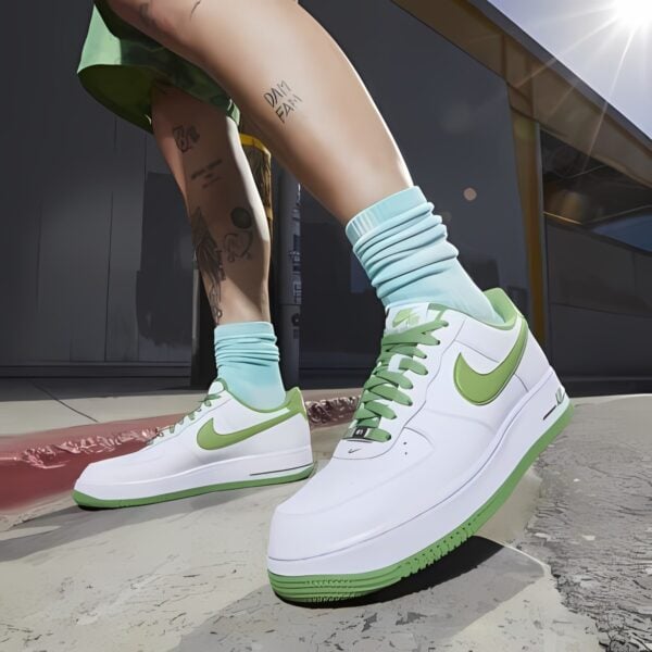 White and green Nike sneakers worn with light blue socks, outdoor setting.