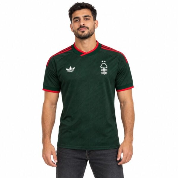 Nottingham Forest Away Jersey 202627 forest green and red front view - UAE SPORT STORE Nottingham Forest Away Jersey 2026/27 forest green and red front view
