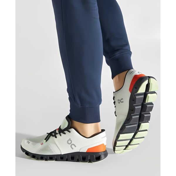 Close-up of white sports shoes with black, orange, and yellow accents on a person in navy blue pants.