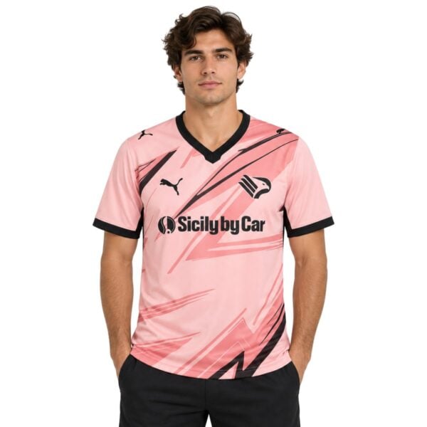 Palermo Home Jersey 2026/27 front – pink shirt with black graphic and V-neck collar