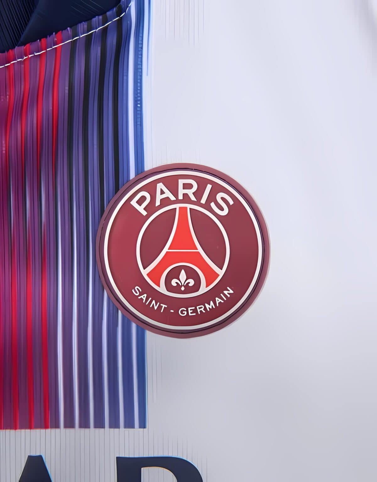 Paris Saint-Germain logo on a white background with red, blue, and purple stripes.