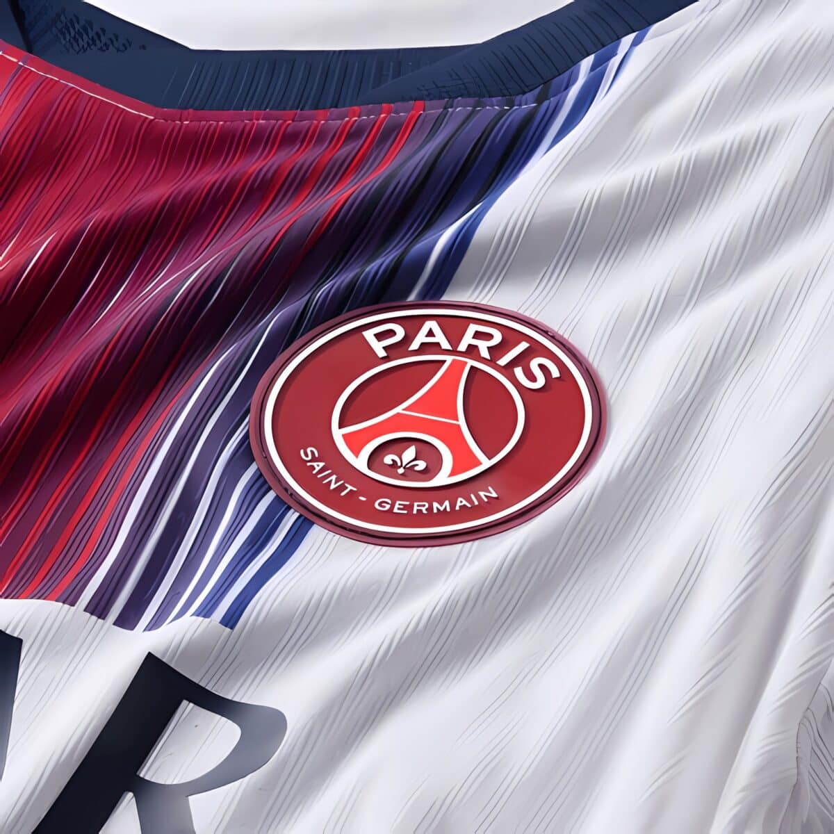 Paris Saint-Germain football jersey with red, blue, and white colors and club badge.