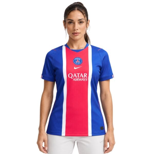 PSG Home Women Jersey 202627 front view blue with red and white centre stripe - UAE SPORT STORE PSG Home Women Jersey 2026/27 front view – blue with red and white centre stripe