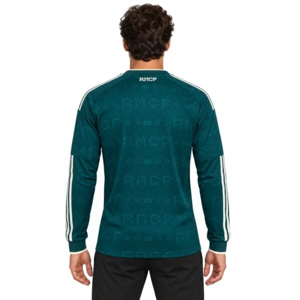 Real Madrid Away Long Sleeve Jersey 2026/27 back view in teal with cream sleeve stripes