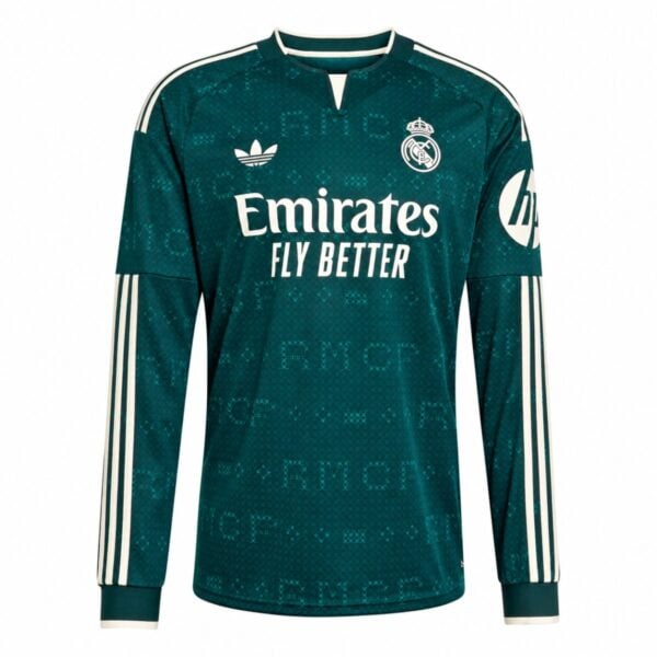 Real Madrid Away Long Sleeve Player Version Jersey 202627 teal green front view - UAE SPORT STORE Real Madrid Away Long Sleeve Player Version Jersey 2026/27 teal green front view