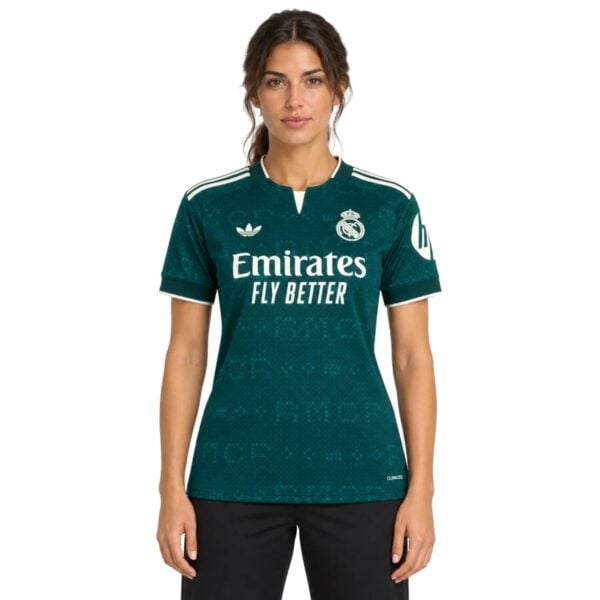 Real Madrid Away Women Jersey 202627 deep teal front view with Emirates Fly Better - UAE SPORT STORE Real Madrid Away Women Jersey 2026/27 deep teal front view with Emirates Fly Better