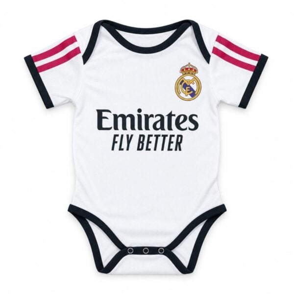 Real Madrid Home Baby 202627 white adidas bodysuit front view with crest - UAE SPORT STORE Real Madrid Home Baby 2026/27 white adidas bodysuit front view with crest