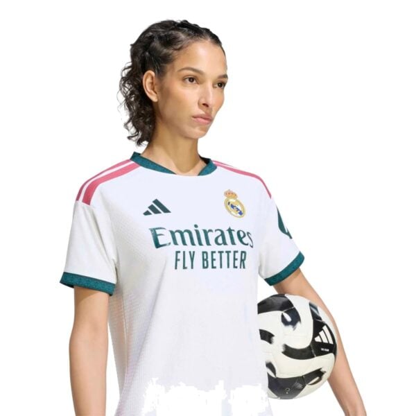 Real Madrid Home Women Jersey 202627 close-up detail of crest and collar - UAE SPORT STORE Real Madrid Home Women Jersey 2026/27 close-up detail of crest and collar