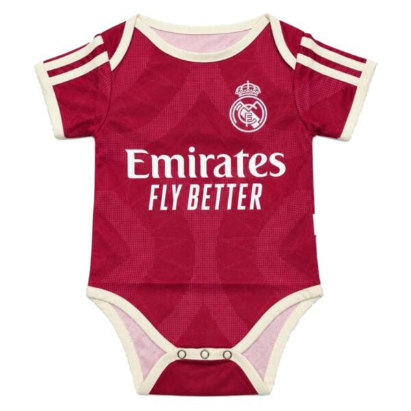 Real Madrid Third Baby 202627 burgundy adidas bodysuit front view with crest - UAE SPORT STORE Real Madrid Third Baby 2026/27 burgundy adidas bodysuit front view with crest