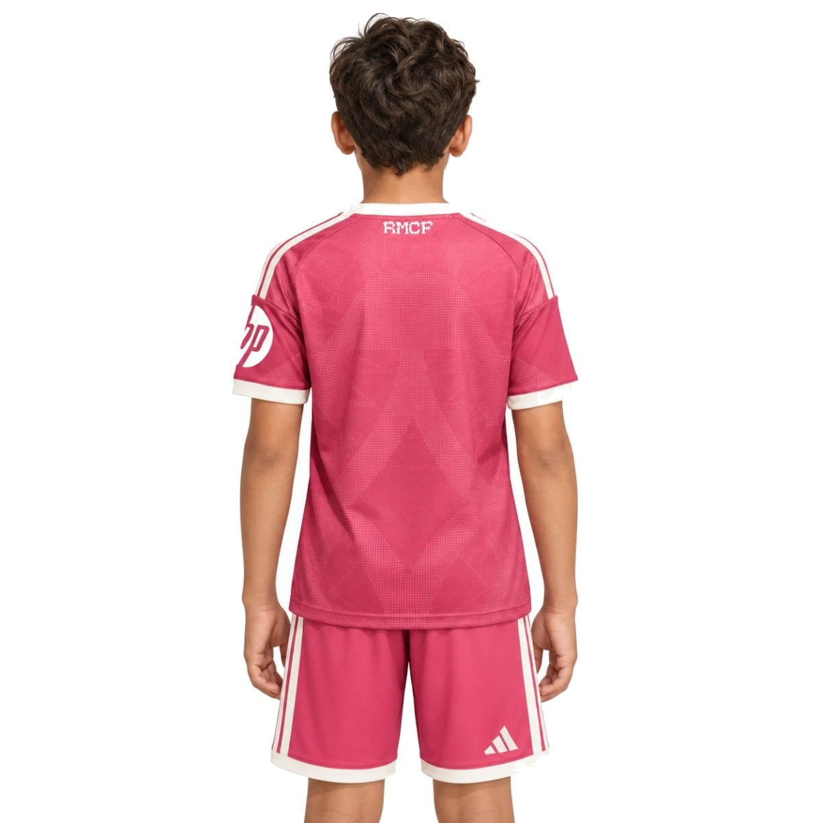 Real Madrid Third Kids Kit 202627 back view pink kit with cream adidas stripes - UAE SPORT STORE Real Madrid Third Kids Kit 2026/27 back view pink kit with cream adidas stripes