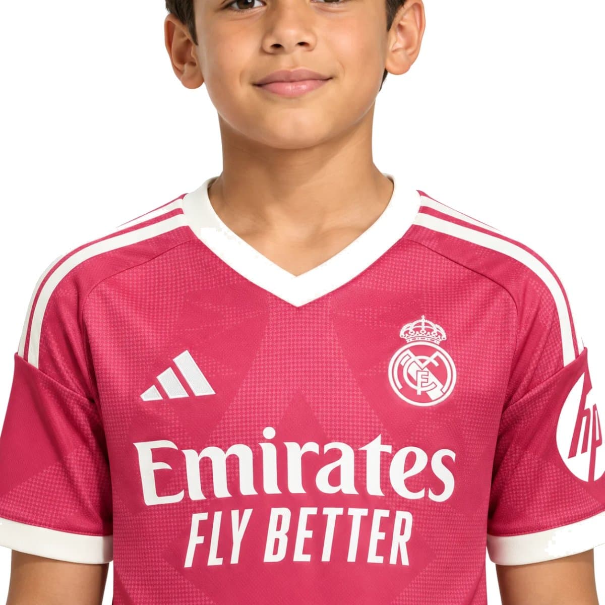 Real Madrid Third Kids Kit 202627 close-up of the crest cream collar and Emirates sponsor - UAE SPORT STORE Real Madrid Third Kids Kit 2026/27 close-up of the crest, cream collar and Emirates sponsor