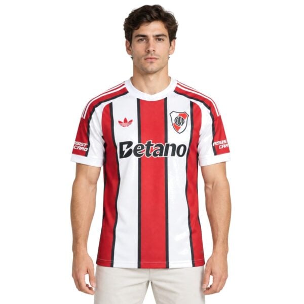 River Plate Away Jersey 202627 front view white with red and black stripes - UAE SPORT STORE River Plate Away Jersey 2026/27 front view – white with red and black stripes