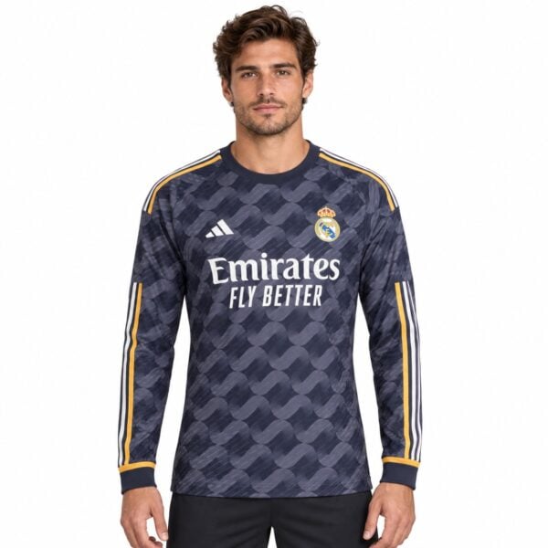 Real Madrid away goalkeeper jersey with blue and yellow design, season not specified.