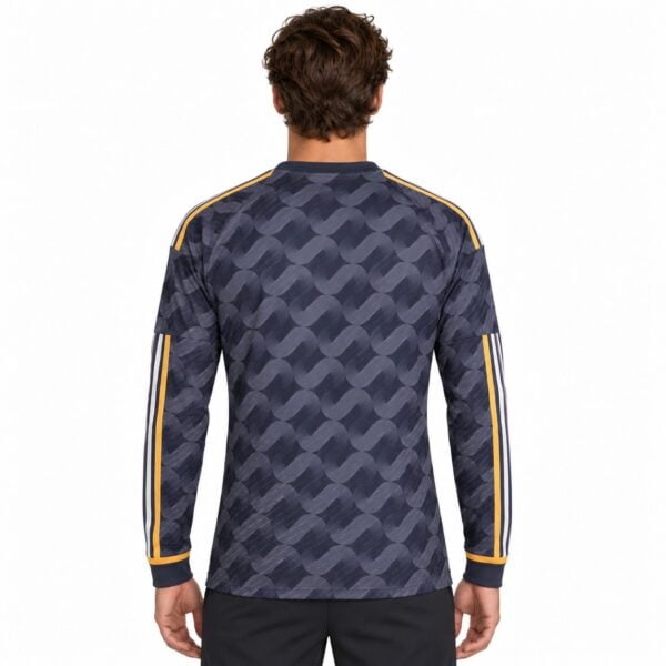 Back view of a dark blue football jersey with yellow and white stripes on sleeves.