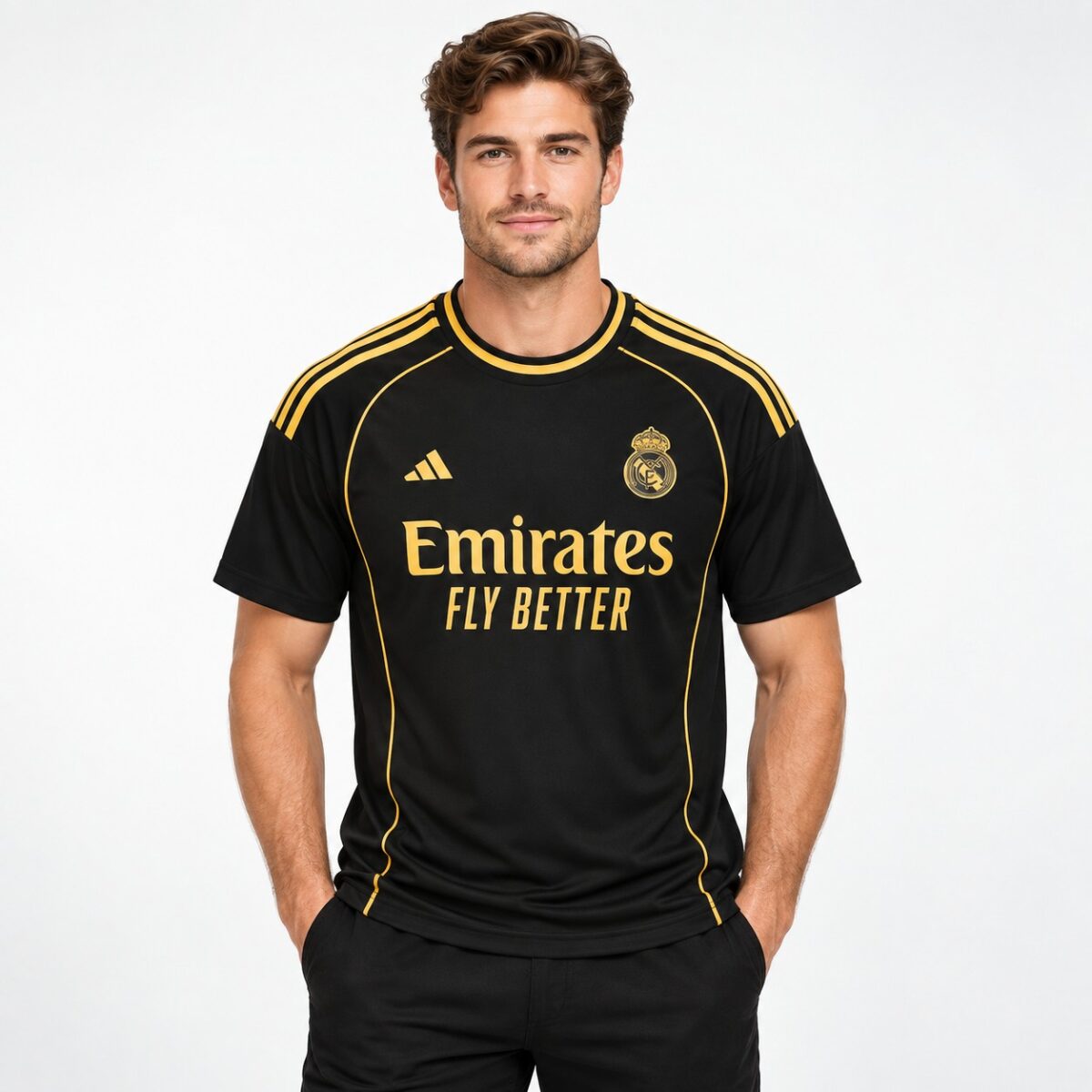 Real Madrid black away kit with gold accents, season not specified.