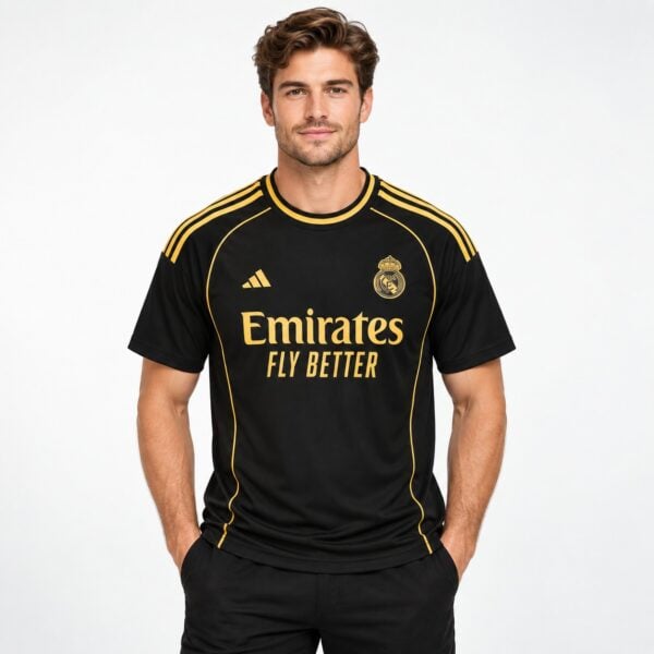 Real Madrid black away kit with gold accents, season not specified.