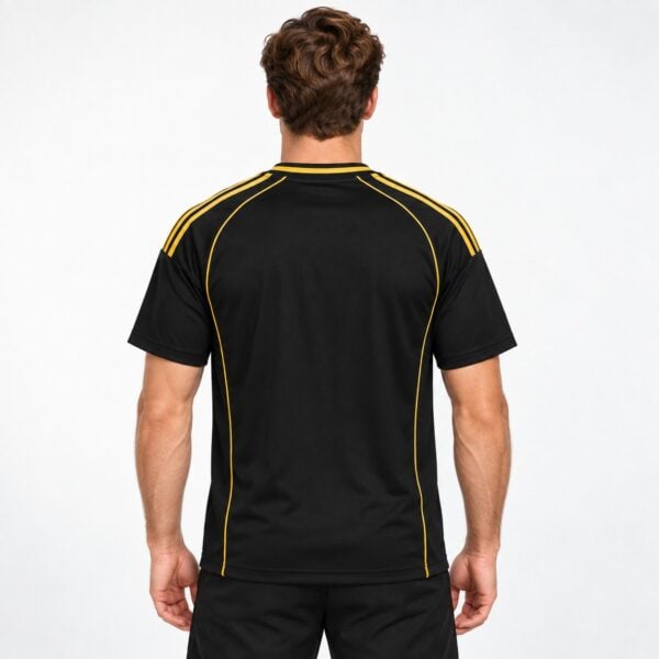 Black sports jersey with yellow stripes on shoulders, back view.
