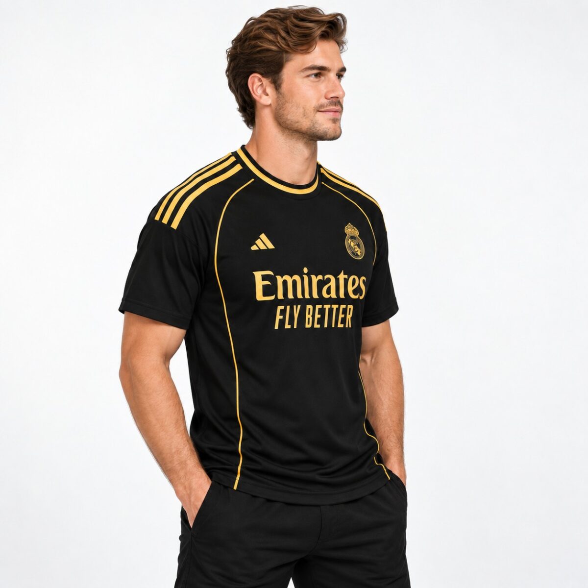 Real Madrid away kit jersey with black and gold colors, season 2023/24.