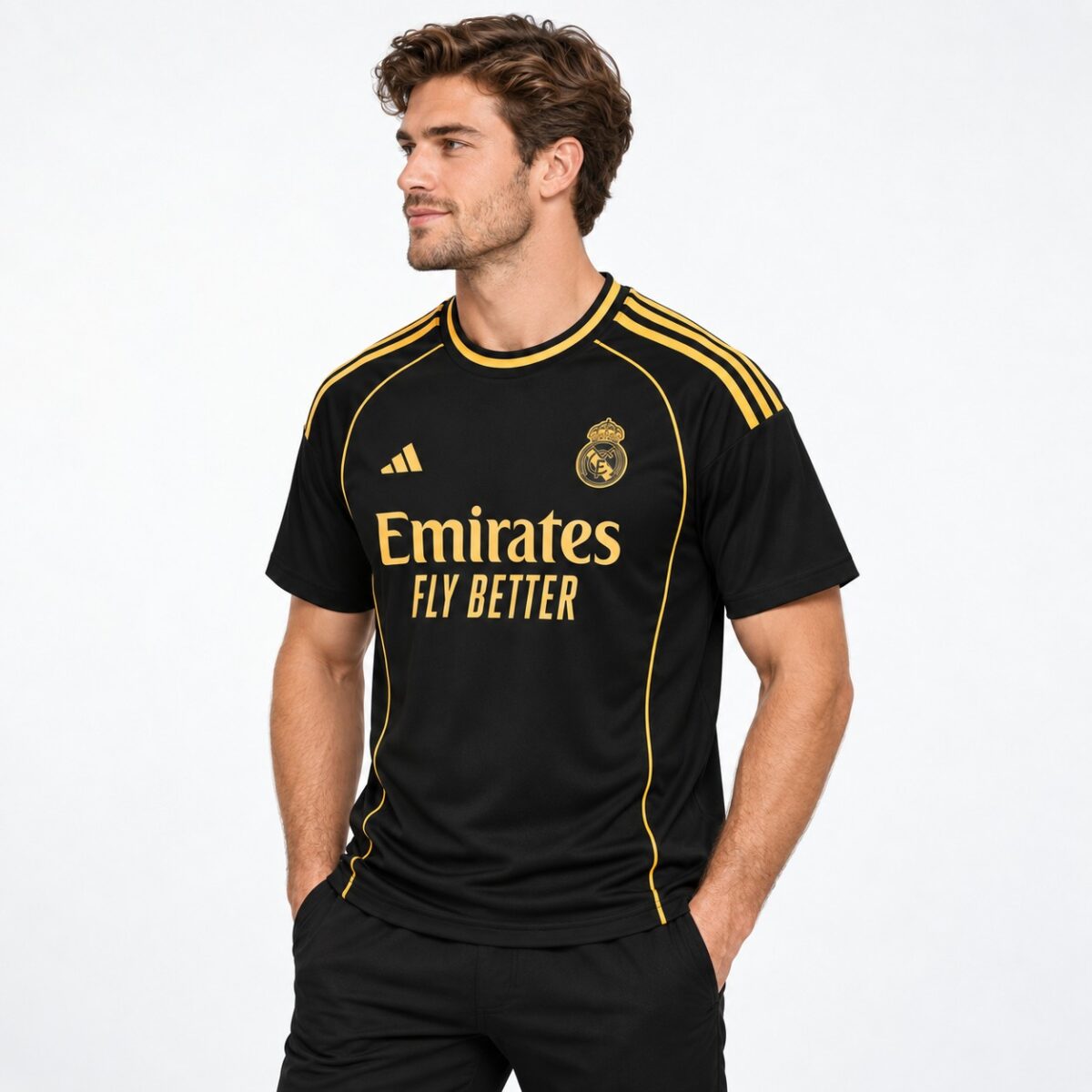 Real Madrid away football jersey 2023-24 black and gold design.