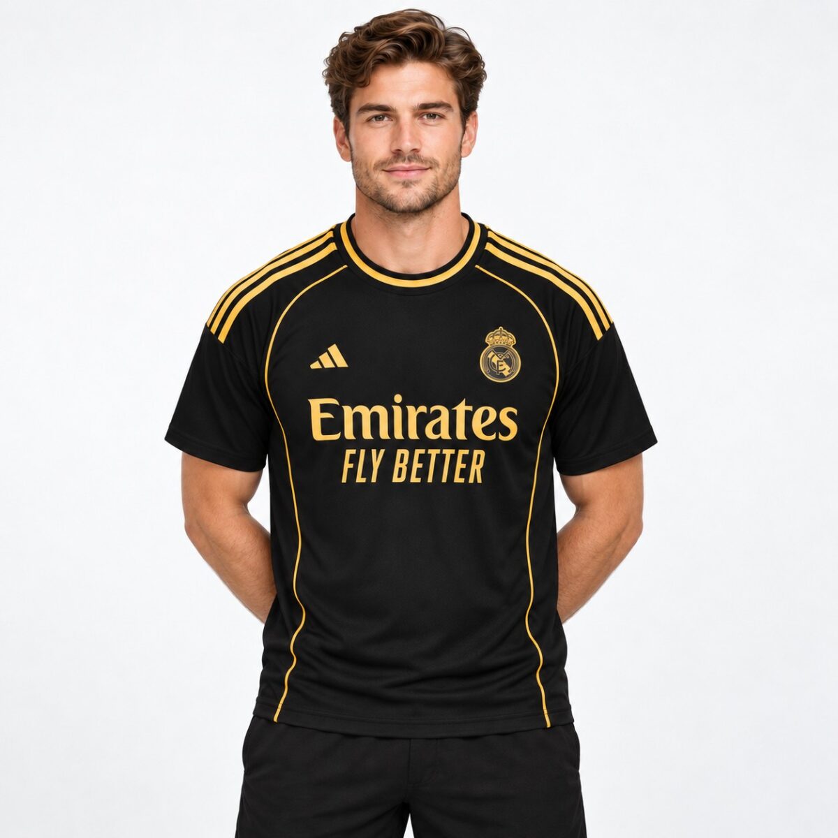 Real Madrid away football jersey with black and gold colors, season 2023/24.