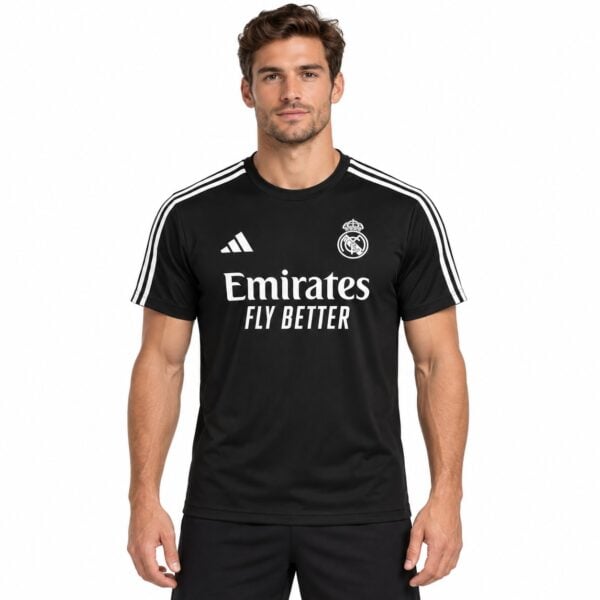 Real Madrid black away kit jersey with white logo and sponsor, men's size.