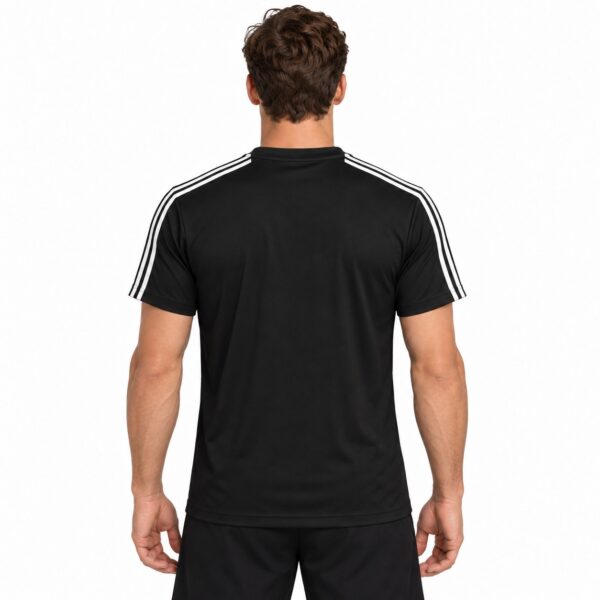 Black sports polo shirt with white stripes on shoulders, back view.