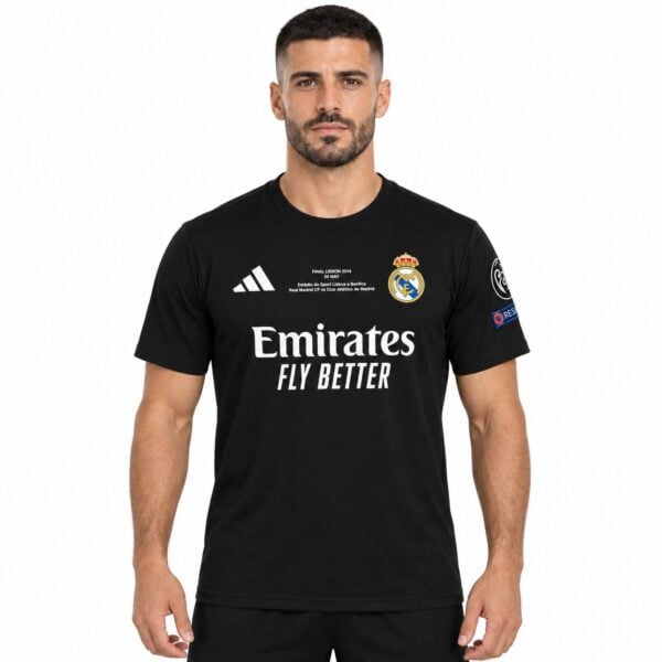 Real Madrid away football jersey black with club crest and sponsor logo.