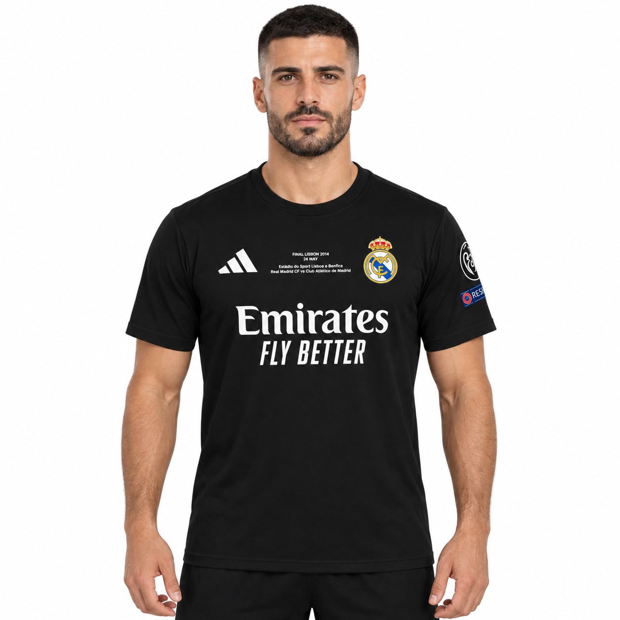 rm-black-special-edition-1 - UAE SPORT STORE Model front view of a black Real Madrid shirt with white chest lettering.