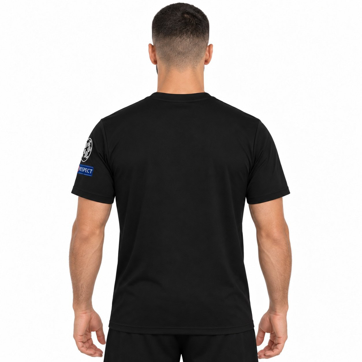 rm-black-special-edition-4 - UAE SPORT STORE Black football jersey with UEFA Champions League patch on sleeve, back view.