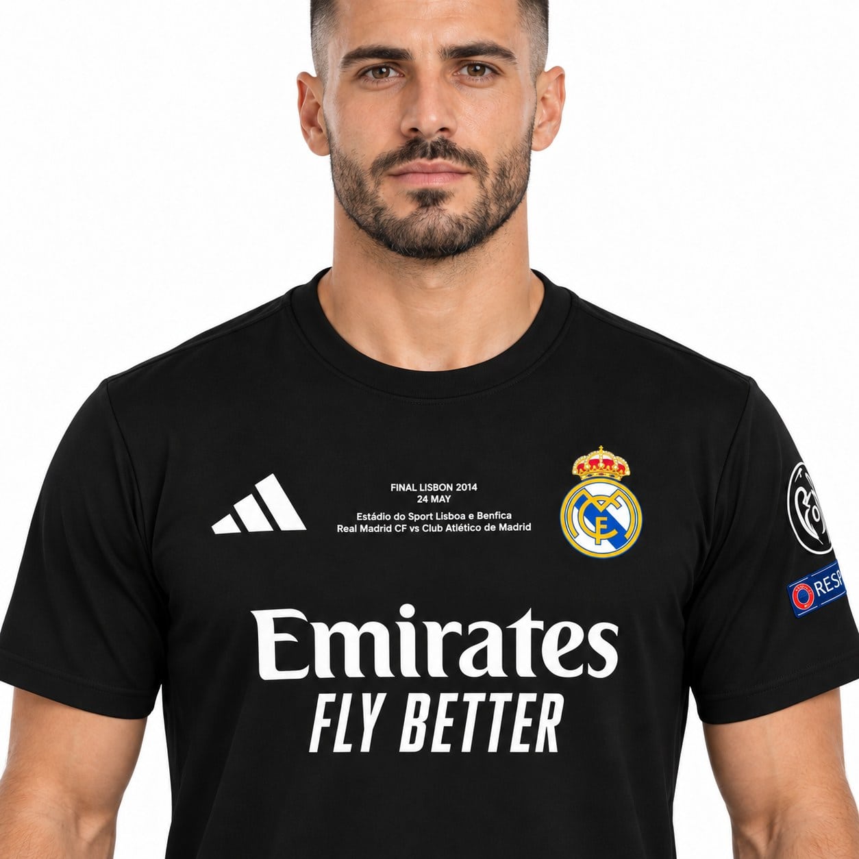 rm-black-special-edition-5 - UAE SPORT STORE Chest detail of a black Real Madrid shirt with white chest lettering.