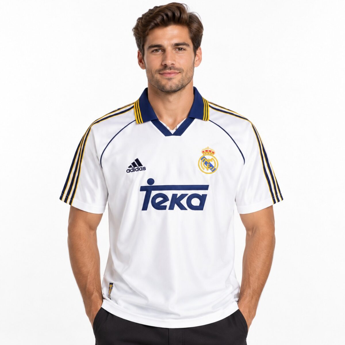 Real Madrid away kit jersey with white, blue, and gold colors, season not specified.