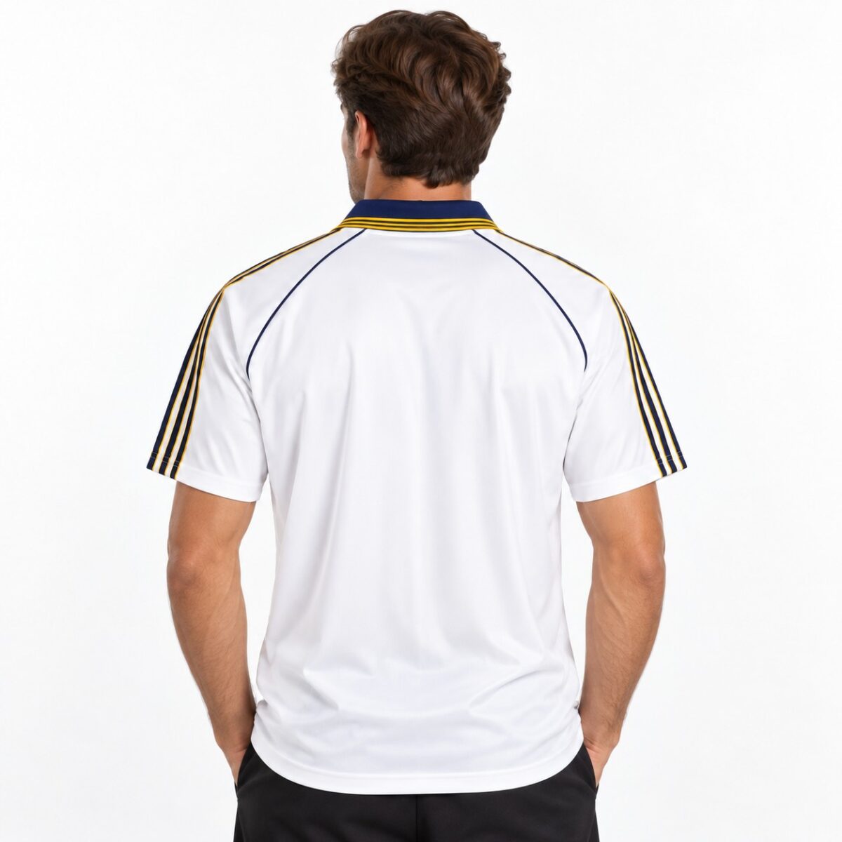White football jersey with black and gold stripes on shoulders, back view.