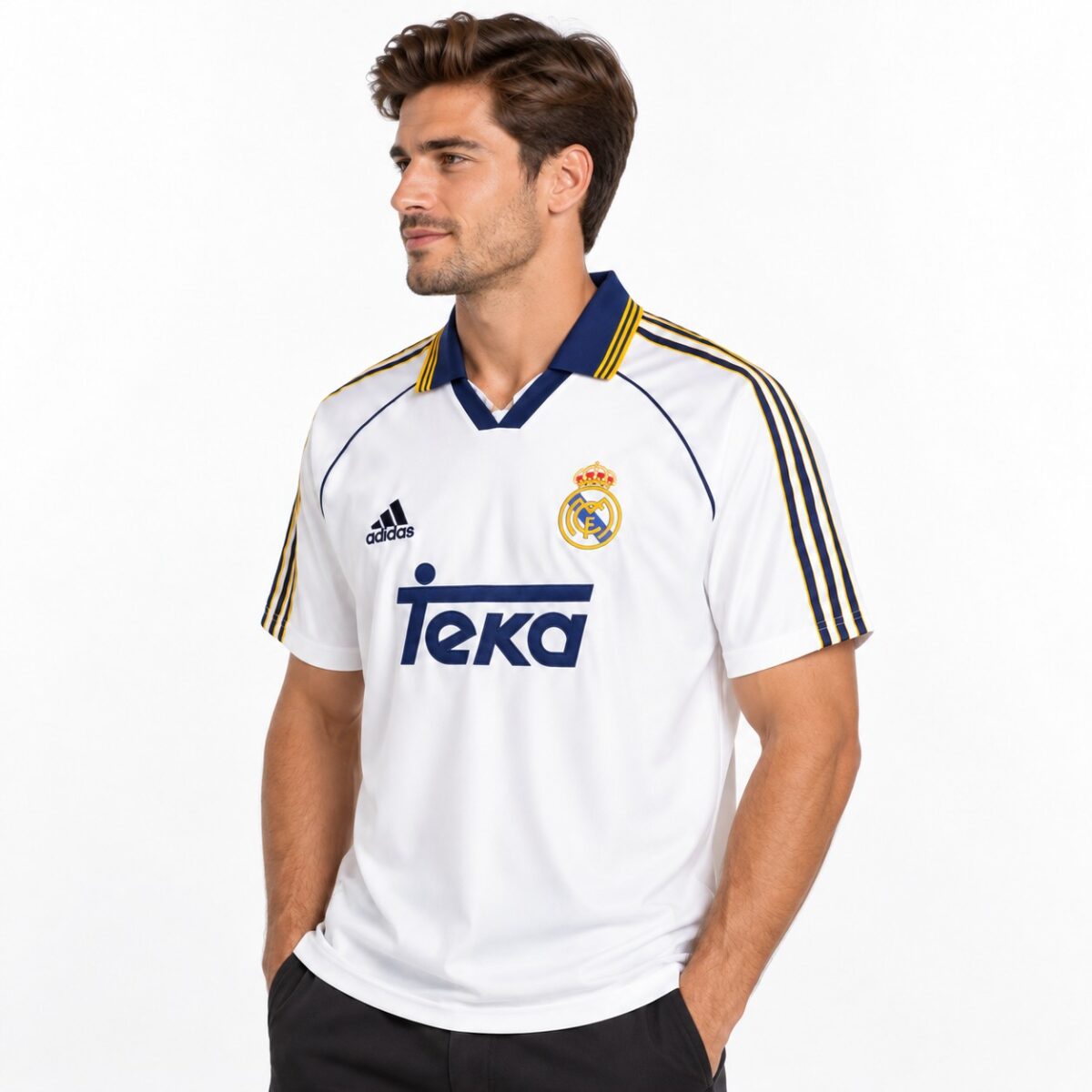 Real Madrid away football jersey with white, navy, and gold colors, season not specified.