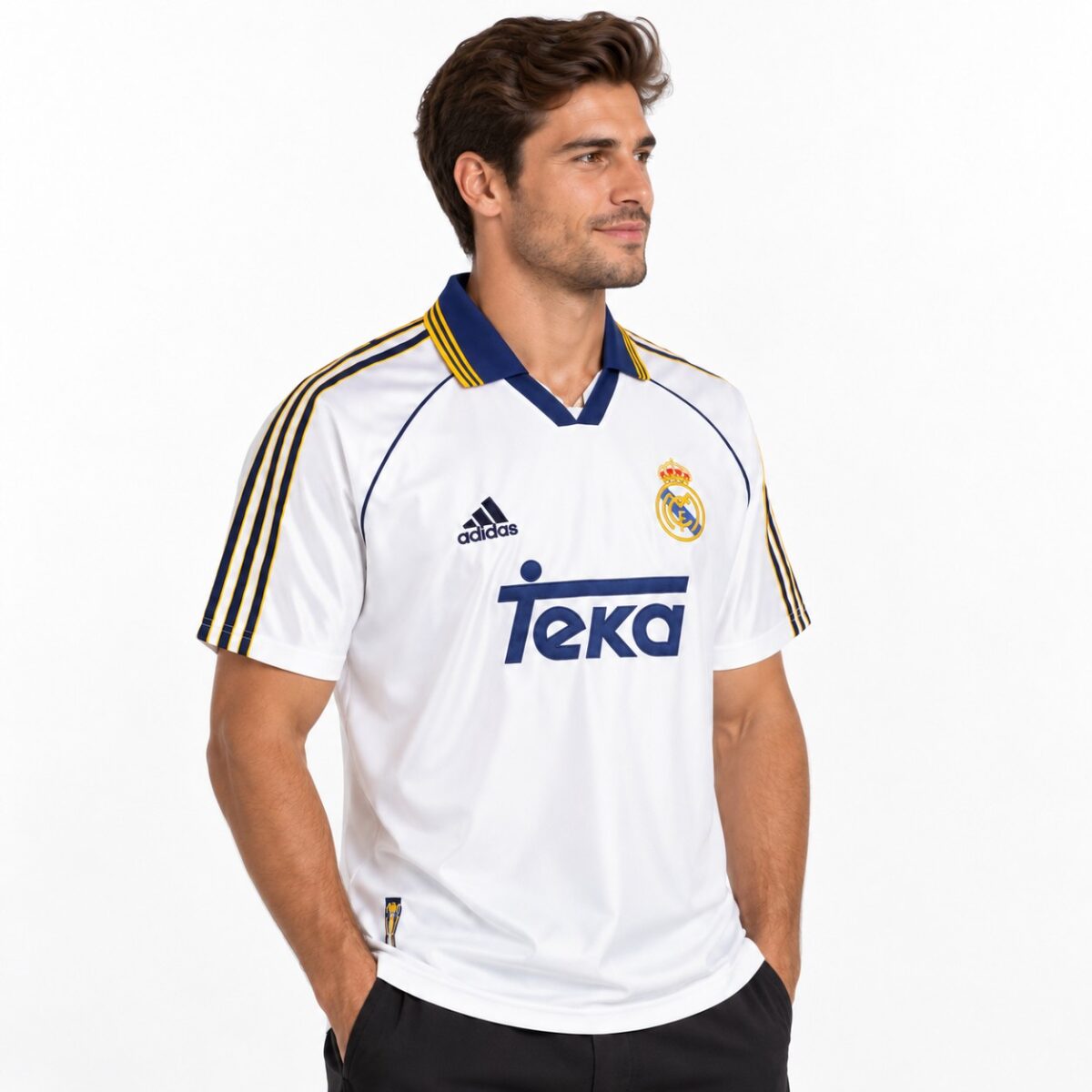 Real Madrid away football jersey with white, blue, and gold colors.
