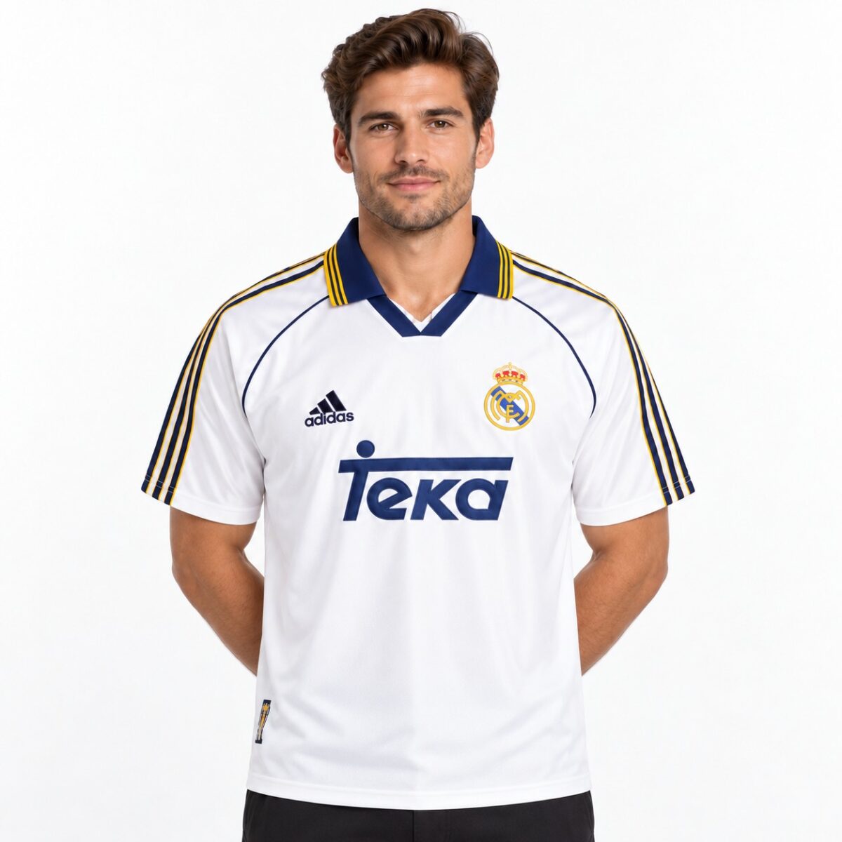 Real Madrid home jersey 2023 season white with blue and gold accents.